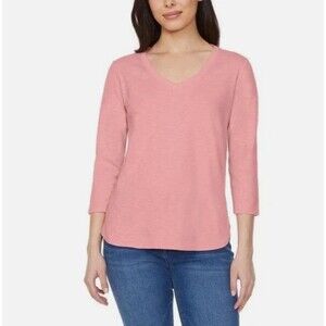 Kirkland Signature Slub Tee Pink 3/4 Sleeve V-Neck Casual Women’s Small